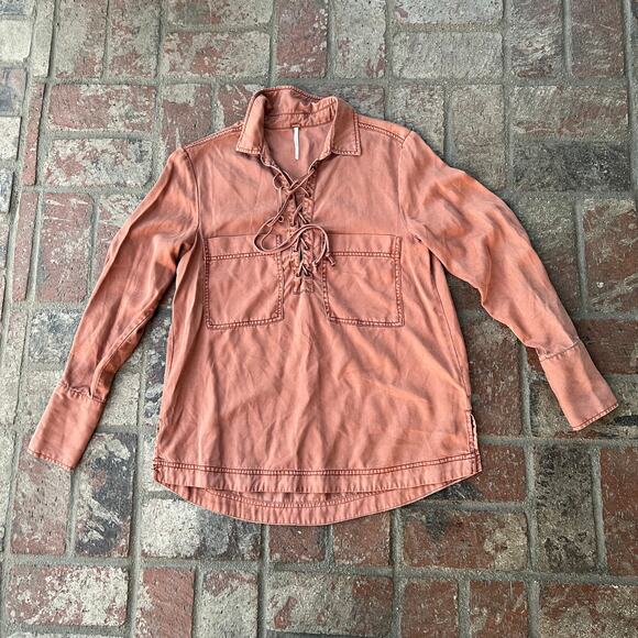 Free People Blouse Long Sleeve Lace Up Collared Size S Orange - Picture 1 of 3